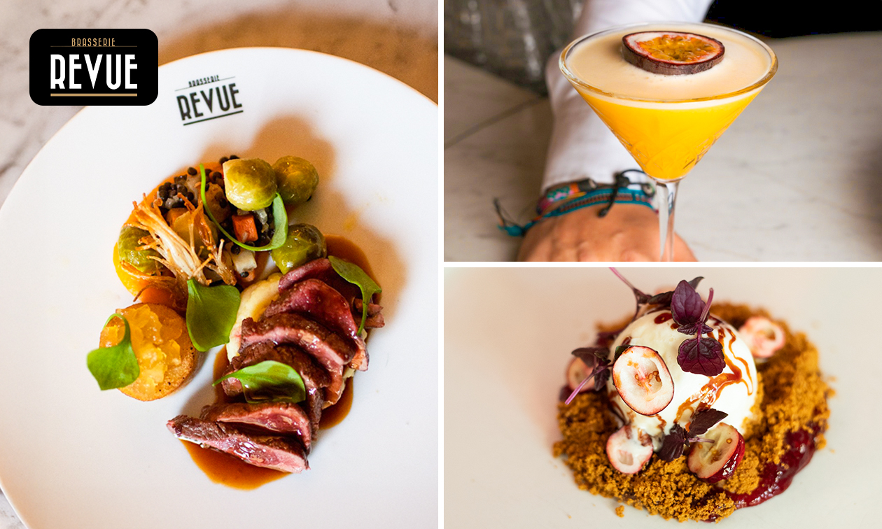 3-gangen keuzediner of 2 cocktails + 3 mini-burgers bij Brasserie Revue